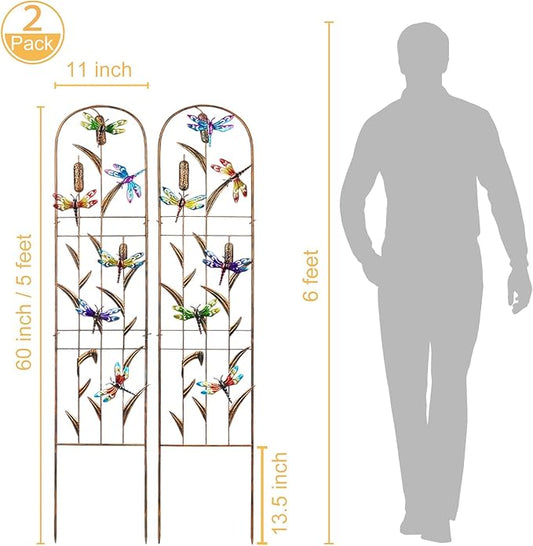 LEWIS&WAYNE 2 Pack Metal Garden Trellis with Colorful Dragonfly 60 Inch High Outdoor Decoration Arched Fence Trellis for Climbing Plants for Patio, Lawn, Yard, Backyard, Wall Brackets