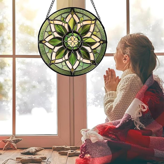 HWRHTR Stained Glass Window Hanging - White Green Boho Flower Suncatcher for Doors Window Home Sun Catchers Decor Christmas Mother's Day Birthday Gifts for Teacher Women Men Mom Nana 11.8 in