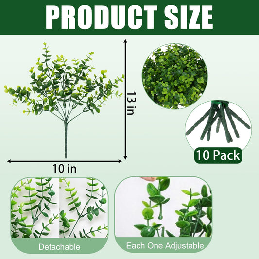 summer flower 10 Pack Artificial Eucalyptus Stems, Fake Outdoor Plants Greenery - Realistic Faux Silver Dollar Gum Branches for Indoor Outdoor Home Decor, Wedding, Party,Vase Arrangements