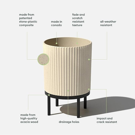 Veradek Demi Series Round Planter w/ Stand for Porch/Patio | Durable Plastic-Concrete & Wooden Stand | Modern Décor for Tall Plants, Flowers