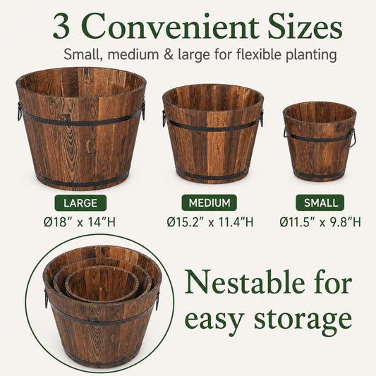 BNSPLY 3 Pcs Whiskey Barrel Planters, Wooden Planter Barrel Set with Handle & Drainage Holes, Rustic Outdoor Flower Pots for Plants, Herbs, Veggies, Indoor Outdoor Use, Brown