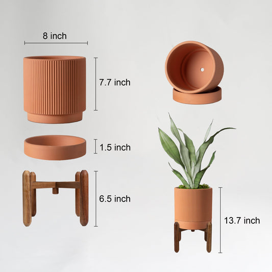 Large Terracotta Pots, 8 Inch Clay Planter Pots with Drainage Hole & Saucer (with Stand), Garden Planters for Indoor/Ourdoor Plants, Cactus & Snake Plant