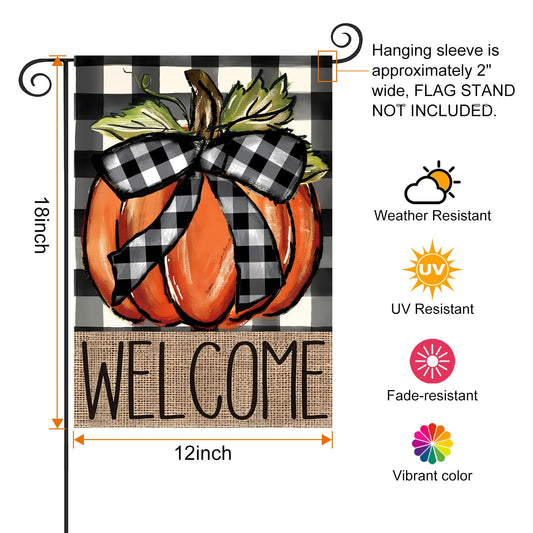Fall Garden Flags for Outside 12x18 | Garden Flag Pumpkin Buffalo Plaid