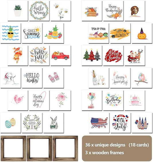 Spring Decor Farmhouse Summer Home Decor Signs 36 Interchangeable Sayings with 3 Wooden Frames for Office and Living Room Tiered Tray Decor Table Desk Wall Decor Seasonal Decoration Holiday Gift