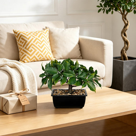 Small Fake Bonsai Tree Artificial Ficus Plant Zen for Shelf Desk Decor