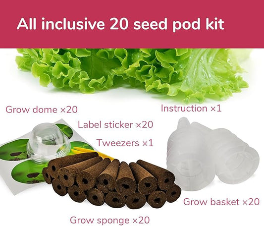 20-pod Seed Kit (Lettuce Salad Green) for AeroGarden, Mufga, iDOO and Other Indoor Hydroponic Gardens - 20 Grow Sponges, Baskets, Domes, Labels