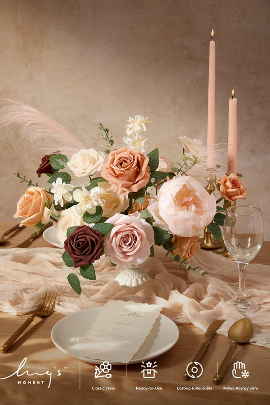 Ling's moment Fake Flowers Box, Faux Artificial Greenery Stems Foam Roses Silk Peony Eucalyptus Fabic Flower for Centerpieces Bouquet Wedding Vase Floral Decorations, Rust & Orange, Grand Combo
