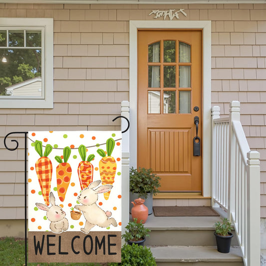Dacawin Easter Garden Flag 12 x18 Inch Double Sided Welcome Bunny Carrot Spring Yard Flag Outdoor Farmhouse Porch Decor Cute Rabbit Pattern Seasonal Easter Banners for Garden Lawn Patio Yard Home