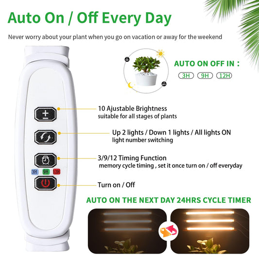 RWNTAO LED Grow Light Strips, Full Spectrum Plant Growing Lights for Indoor Plants 3500K, 144 LEDs Plant Lamp with 3/9/12H Timer, 10 Dimmable Levels, 3 Head 13 Inches