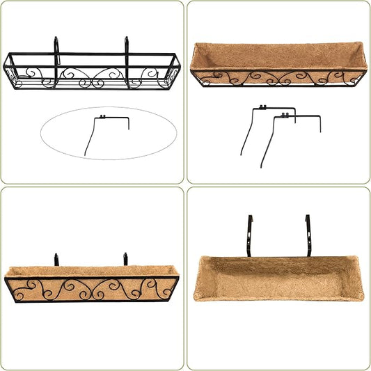 Y&M 30 Inch Window Deck with Coco Liner, Fence Metal Hanging Flower Planter Window Basket Deck Railing Planter Boxes for Outdoor Garden Lawn-Butterfly, 4pcs