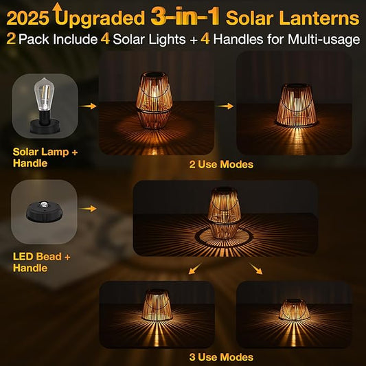Uspring 2 Pack 3-in-1 Solar Lanterns Outdoor Waterproof Rattan Woven Hanging Solar Lights for Outside with Bright Lamp & LED Bead & 4 Handles, Garden Gifts Decor for Women Mom Patio Yard Porch