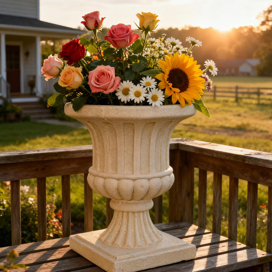 Roman Fluted Resin Urn Planter White Pedestal Urn Planter for Outdoor Plant