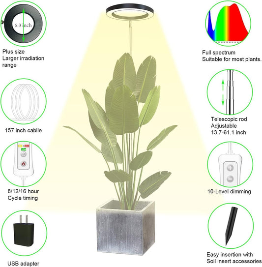 yadoker Plant Grow Light,LED Growing Light Full Spectrum for Indoor Plants,Aluminum Black Plant Lights,Height Adjustable, Automatic Timer, 5V Low Safe Voltage