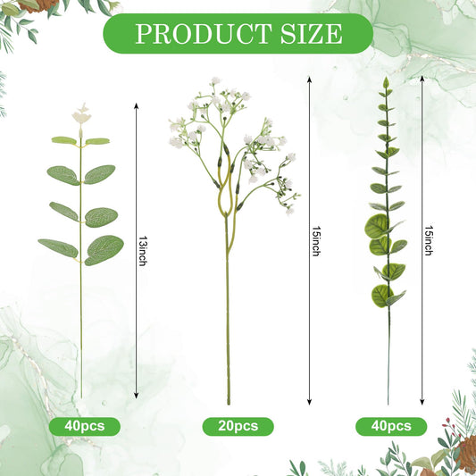 Huiguli 100 Pcs Mixed Artificial Eucalyptus Stems and Babys Breath