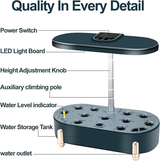 Indoor Garden Hydroponics Growing System12 Pods Plant Germination Kit Aeroponic Herb Vegetable Growth Lamp Countertop with LED Grow Light Hydrophonic Planter Grower Automatic Water Circulation (Green)