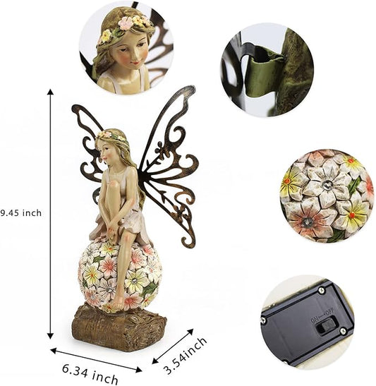 Flower Fairy Garden Decor,Garden Fairy Statues Outdoor,Solar Powered Outdoor Fairy Figurine Accessories,Patio Lawn Yard Porch, Resin Ornaments for Outside Gifts,9.45 Inches Tall
