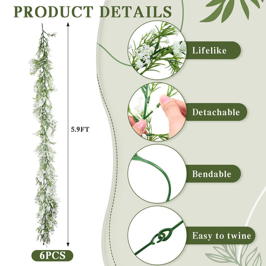 Lyrow 6 Pieces Artificial Baby Breath Flower Vines 5.9ft Faux Hanging Gypsophila Greenery Garland Vines Fake Bulk Baby Breath Garland for Wedding Party Table Home Backdrop Wall Decor (White)
