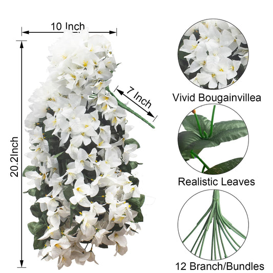 Grunyia Artificial White Bougainvillea Vine, 4 Pcs UV Resistant Fake Flowers Trailing Plant, Realistic Silk Leaves for Outdoor/Indoor Decor, Hanging Basket Wedding Arch Garden Home Decoration(White)