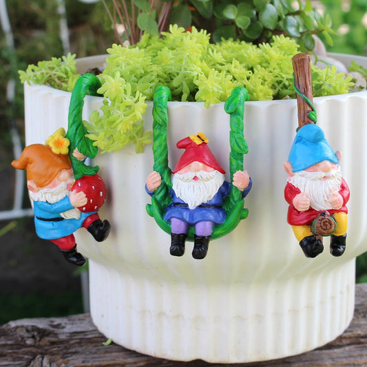 JARPSIRY Set of 3 Cute Climbing Gnome Figurines Flower Pot Hugger, Resin Hanging Gnomes Statue Outdoor Decor Fence Ornaments for Patio Lawn Garden Yard (Swing Gnome)