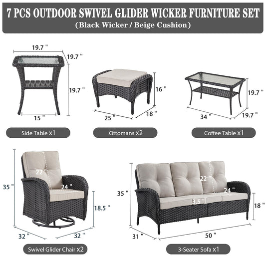 Belord Wicker Outdoor Furniture Set - 7 Piece Patio Conversation Sets with Comfort Swivel Rocker Glider Patio Chairs Set of 2 and Rattan Sofa, Tempered Glass Coffee Table and Side Table,Black/Beige