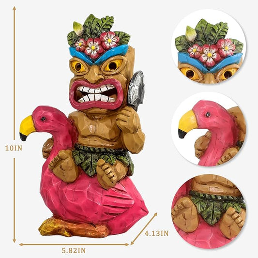 Tiki Outdoor Statue with Flamingos Decor - Solar Powered Garden Figurine Tiki Art for Tiki Bar,Backyard,Garden,Yard,Flowerbed,Walkway,Patio,Lawn,Porch Decorations,Gifts