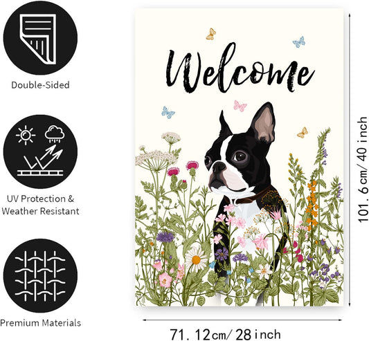 DZGlobal Floral Boston Terrier Garden Flag 28 x 40 Double Sided Multicolored Flower Dog Yard Flag for Outdoor Welcome