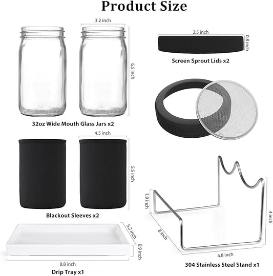 Organic Seed Sprouting Jar Kit – 2 × 32 oz Wide-Mouth Mason Jars with Stainless-Steel Sprouter Lids & Stand, Blackout Sleeves, Drain Tray – Grow Broccoli, Alfalfa & Bean Microgreens