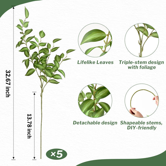 Waipfaru 5PCS Greenery Stems for Vases, 32.7 inch Artificial Eucalyptus Green Fake Leaves Branches, Faux Olive Silk Plants for Centerpieces Vase Filler Home Kitchen Decor