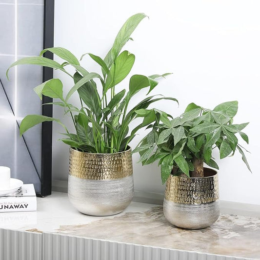 MyGift Round Two-Toned Indoor Planter Pot, Hammered Brass and Milled Embossed Silver Tone Metal Planter Vase, Set of 2 - Handcrafted in India