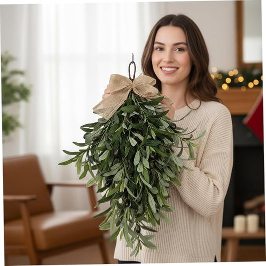 Olive Wreath 24 Inch Artificial Olive Wreaths for Front Door Hanging Teardrop Swag Greenery with Burlap Bow for Front Door Wall Wedding Arch