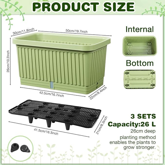 3 Pcs 20 Inches Large Planter Boxes Deep Rectangular Planter Boxes Outdoor Lightweight Plastic Planting Flower Pot with Drainage Holes Plant Pot for Patio, Courtyard, Lawn, Outdoor