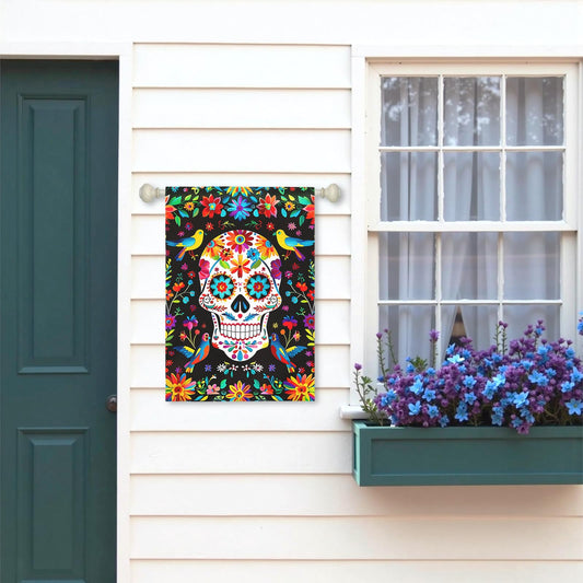 Dacawin Day of the Dead Garden Flag Skull Welcome Floral House Banner Mexican Gothic Skeleton Flowers Birds Double-Sided Garden Flags Fiesta Dia DE Los Muertos Burlap Yard Flag 28x40 Inch