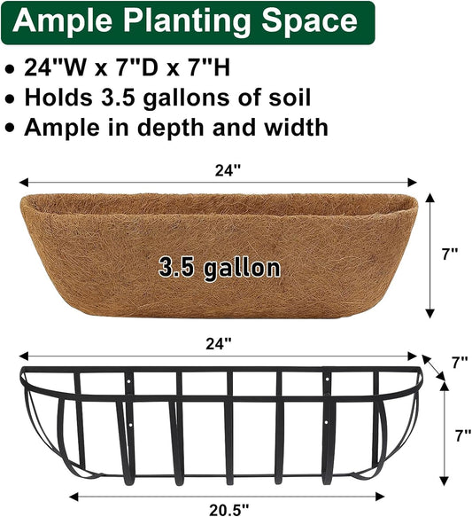 DUNCHATY 24 Inch Railing Planter 3 Pack - Adjustable Metal Window Box Planter with Coco Liner for Deck Balcony Porch Fence - Outdoor Hanging Flower Basket for Herbs & Flowers