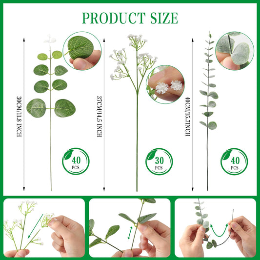 Suaycy 110pcs Mixed Greenery Artificial Eucalyptus Stems & Baby's Breath