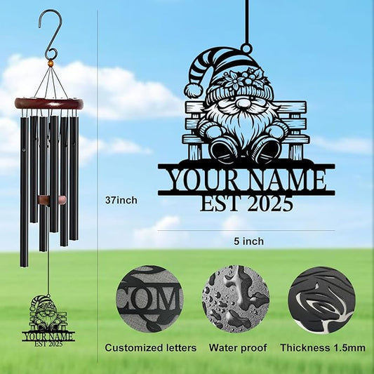 Personalized Customize Name Gnome Wind Chime, Metal Iron 37 Inch Outdoor Memorial Gift for Garden Yard Patio Home Decor, Black,Christmas (Style C)