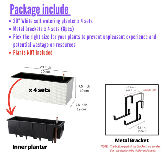 LaLaGreen Deck Railing Planter Box (20 Inch, 4 Pack) White Rectangular Window Flower Boxes with Bracket, Self Watering System Hanging Planter Box for Outdoor Plant Container Herb Rail Fence Balcony
