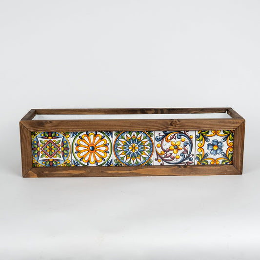 MIODUO DECOR 20 Inch Talavera Style Cedar Wood Planter Box, Authentic Mexican Tile Window Sill Container for Succulent Arrangements and Herb Gardens