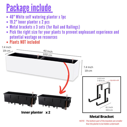 LaLaGreen Hanging Planter Boxes (1 Pack, 40") Large White Rectangular Window Flower Box with Bracket, Self Watering System Railing Planters for Outdoor Plant Container Deck Rail Fence Balcony Garden