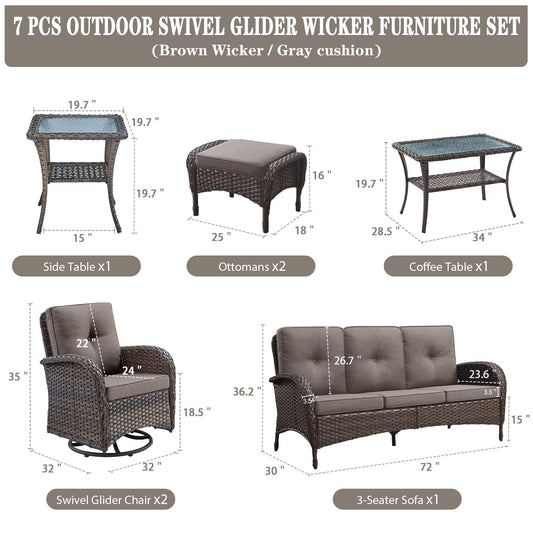 Belord Wicker Outdoor Furniture Set - 7 Piece Patio Conversation Sets with Comfort Swivel Rocker Glider Patio Chairs Set of 2 and Rattan Sofa, Tempered Glass Coffee Table and Side Table,Brown/Gray