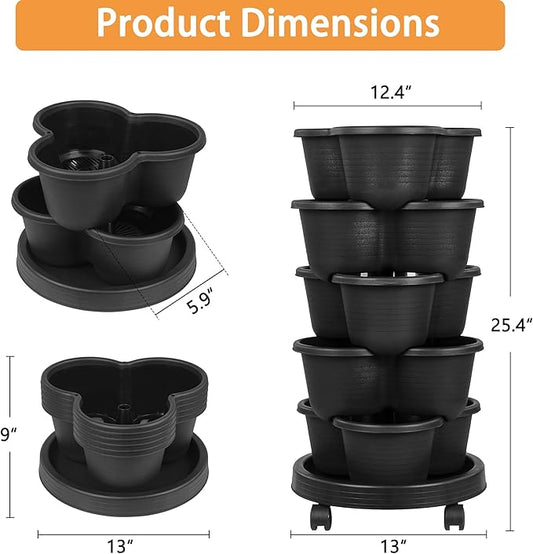 VECELO 5 Tier Vertical Garden Planter, Self Watering Stackable Planters with Wheels for Strawberries, Herbs, Flowers, Vegetables, Black