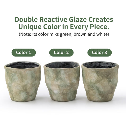 Pkeo Bbun Modern Irregular Ceramic Planter Set of 4, 4 Inch Small Unique Reactive Glaze Flower Pots with Drainage Holes & Saucers - Indoor Outdoor Decorative Succulent Orchid Pots- Light Green