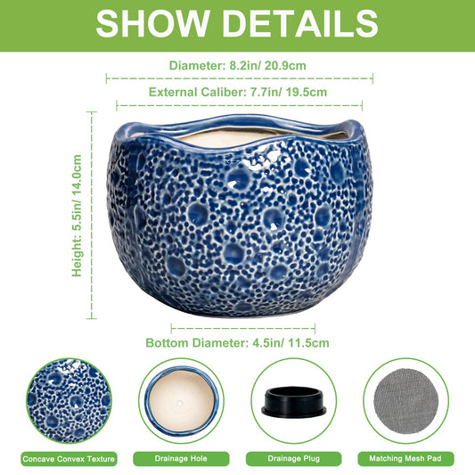 Thirtypot Ceramic Pots for Plants - 8 Inch Round Planter with Drainage Hole, Round Decorative Plant Pots for Indoor Outdoor, Modern Unique Flower Pot, House Living Room Decor, Home Gifts, Blue