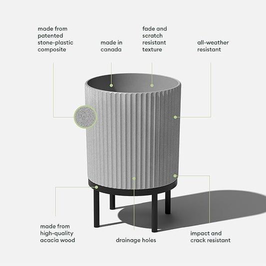 Veradek Demi Series Round Planter w/ Stand for Porch/Patio | Durable Plastic-Concrete & Wooden Stand | Modern Décor for Tall Plants, Flowers