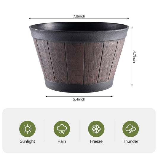 YI Barrel Planters Plant Pot Set of 6 Pack 8 Inch,Durable Plastic Flowerpot Mimics The Design of Wooden Whiskey Barrels,for Indoor & Outdoor Home Plants Essential for Home Gardening.