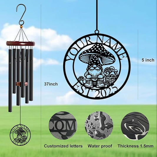 Personalized Customize Name Gnome Wind Chime, Metal Iron 37 Inch Outdoor Memorial Gift for Garden Yard Patio Home Decor, Black,Christmas (Style E)