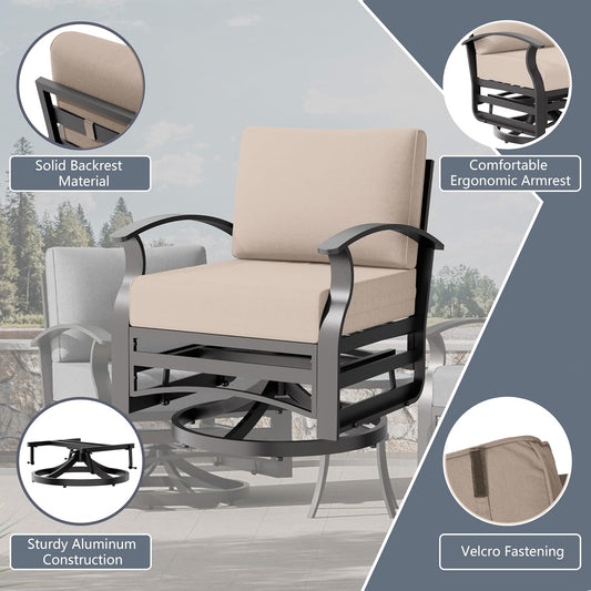 RTDTD 5 Piece Aluminum Swivel Rocking Chair Set, Outdoor Patio Swivel Gliders Chair with Coffee Table and Ottomans, Conversation Furniture Set Suitable for Patio, Lawn, Outdoor, Back Garden(Brown)