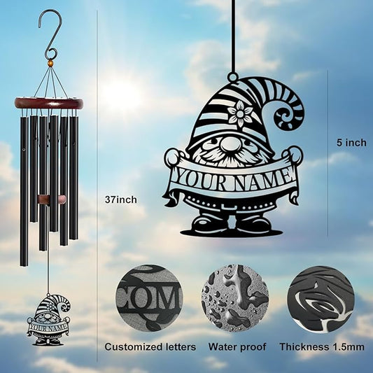 Personalized Customize Name Gnome Wind Chime, Metal Iron 37 Inch Outdoor Memorial Gift for Garden Yard Patio Home Decor, Black,Christmas (Style I)