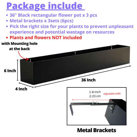 LaLaGreen Railing Planter Box (36 Inch, 3 Pack) Black Metal Rectangular Hanging Flower Boxes with Brackets, Large Planters for Outdoor Plants Deck Railings Fence Balcony Patio Porch Over Rail Garden