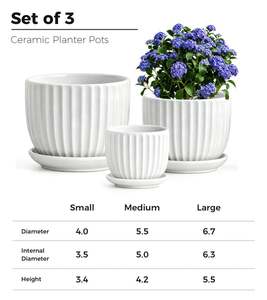 White Plant Pots,Ceramic Flower Pot Set of 3 with Drainage Holes & Saucers