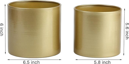 Vixdonos Metal Flower Pots Garden Planters Indoor Round Succulent Containers, Pack 2 Cactus Plant Pots with Drainage Hole (5.9inch+6.7inch, Gold)
